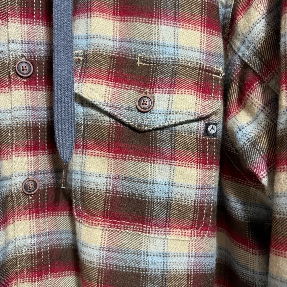 Marmot Men's flannel Plaid Hooded Shirt jacket Shacket Blue Red size XXL